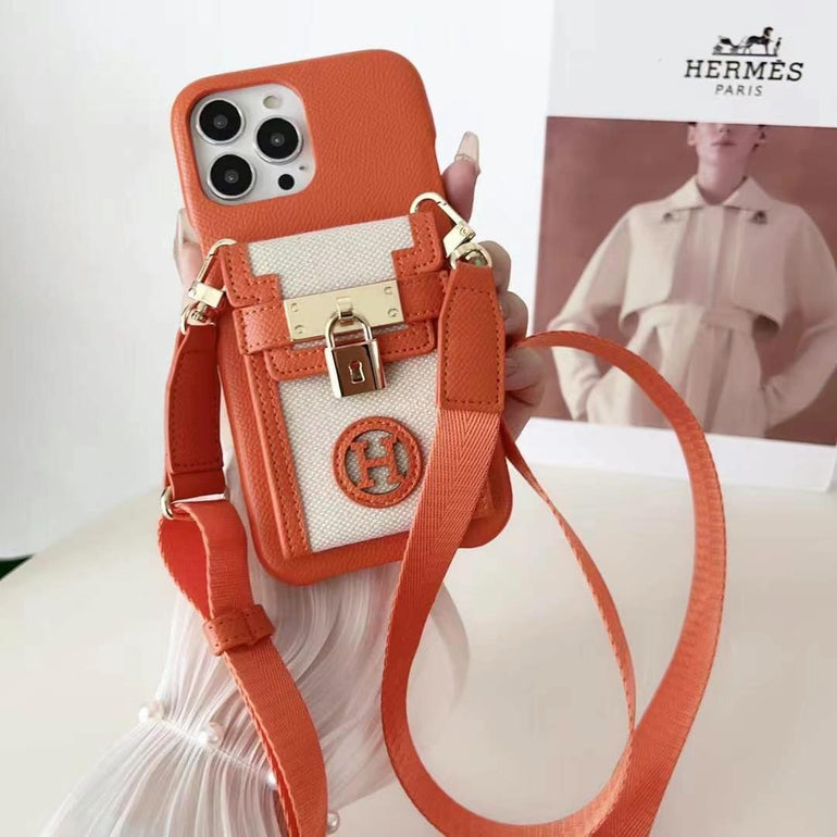 Luxury Branded Leather Locked Wallet Case For iPhone With Sling