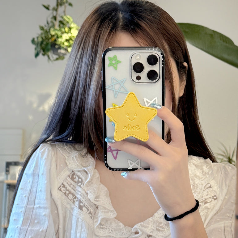 Smiley Star Grip iPhone Case – Cute Pastel Star Design with 3D Yellow Holder