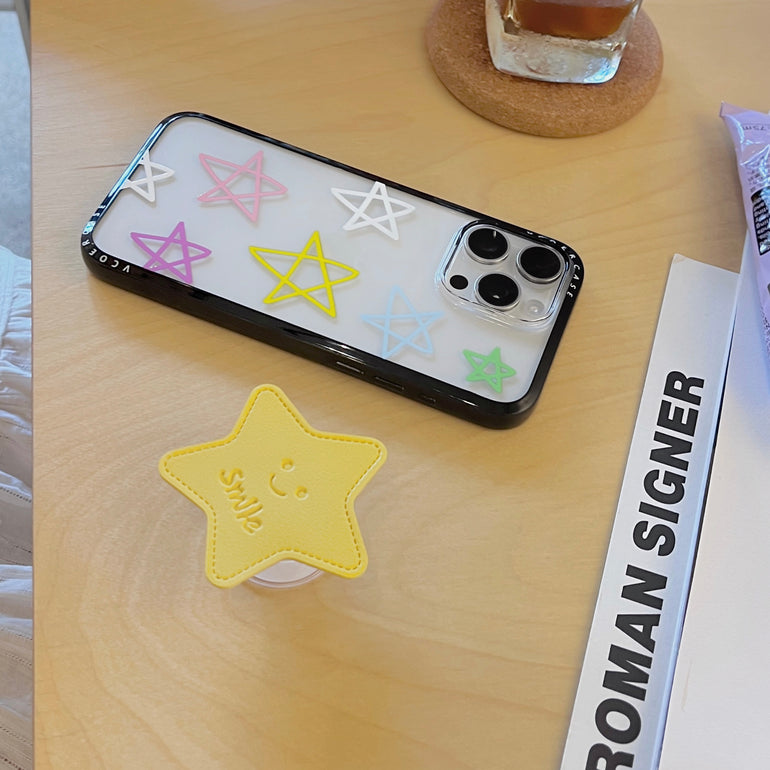 Smiley Star Grip iPhone Case – Cute Pastel Star Design with 3D Yellow Holder