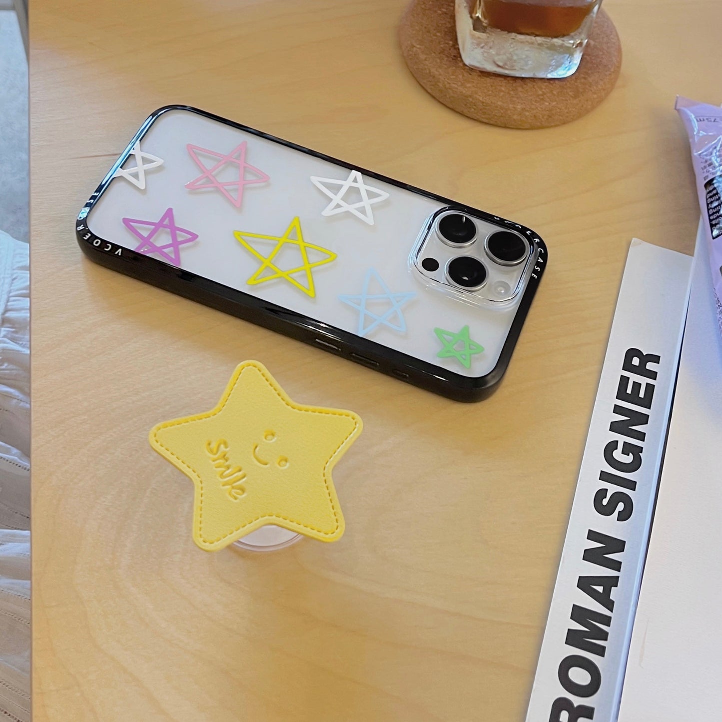 Smiley Star Grip iPhone Case – Cute Pastel Star Design with 3D Yellow Holder