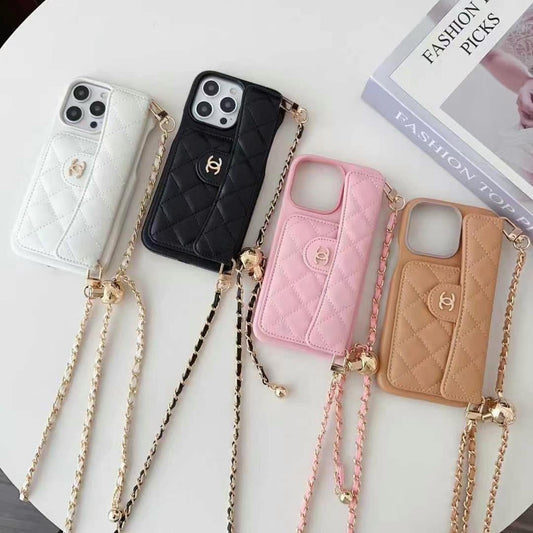 Luxury Branded Leather Quilt Wallet Case For iPhone With Sling red