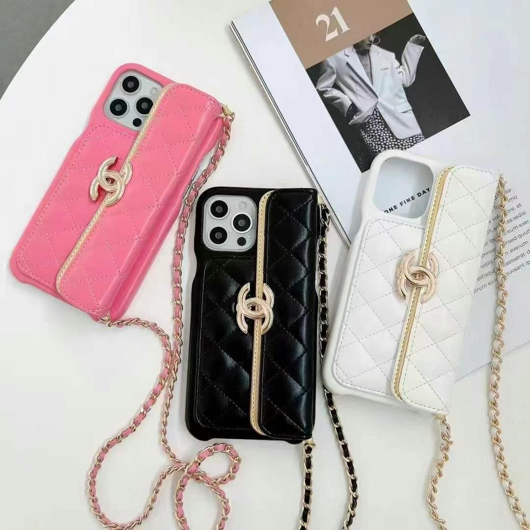 Luxury Branded Leather Quilt Wallet Case For iPhone With Sling red