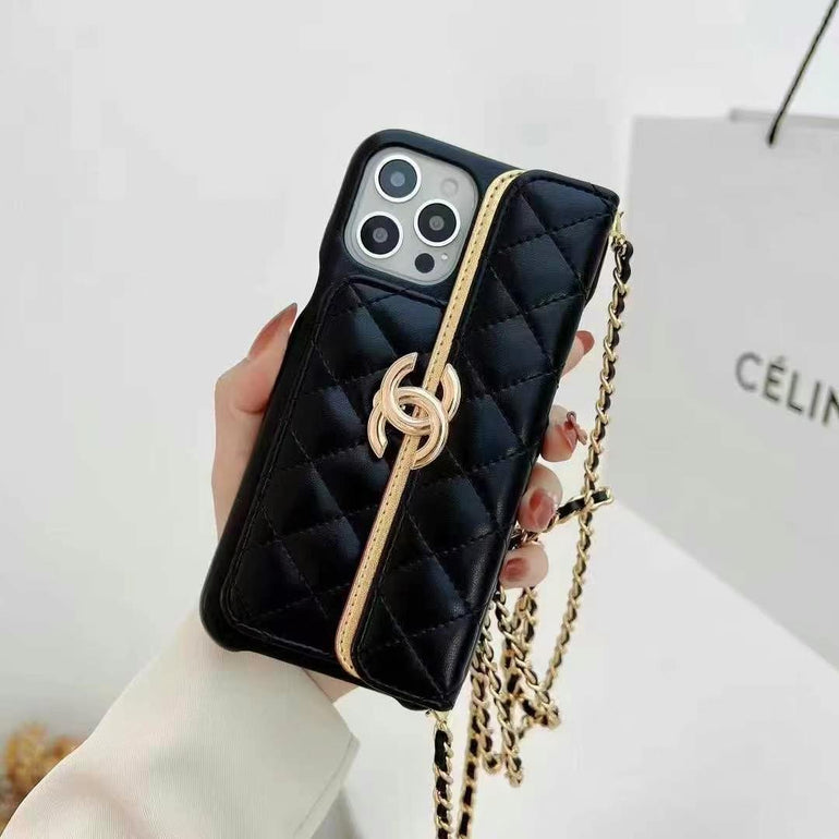 Luxury Branded Leather Quilt Wallet Case For iPhone With Sling red