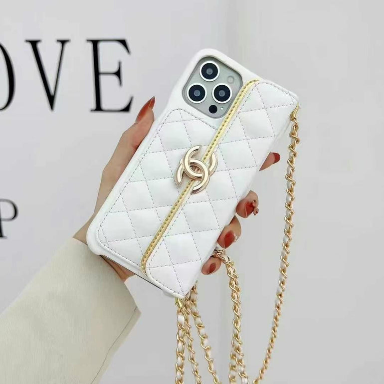 Luxury Branded Leather Quilt Wallet Case For iPhone With Sling red