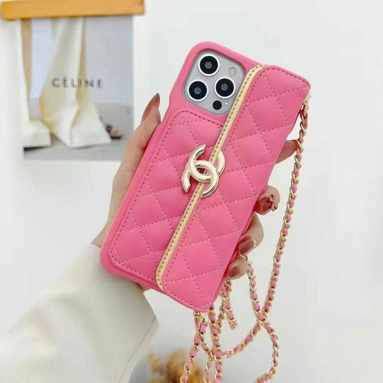 Luxury Branded Leather Quilt Wallet Case For iPhone With Sling red