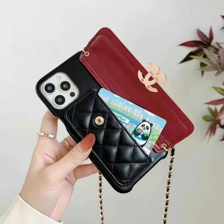 Luxury Branded Leather Quilt Wallet Case For iPhone With Sling red