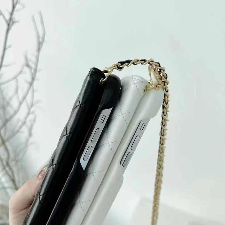 Luxury Branded Quilt Leather Wallet Case For iPhone With Sling Chain