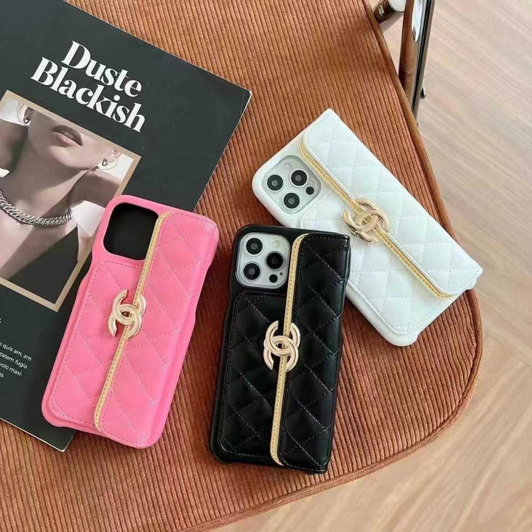 Luxury Branded Leather Quilt Wallet Case For iPhone With Sling red