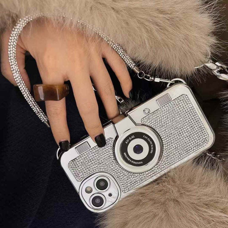 3d Camera Style iPhone Case With Rhinestone Hand Bracelet