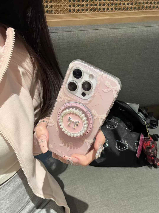 Bow Pattern Designer Case For iPhone With Luxury Beaded Magsafe Holder