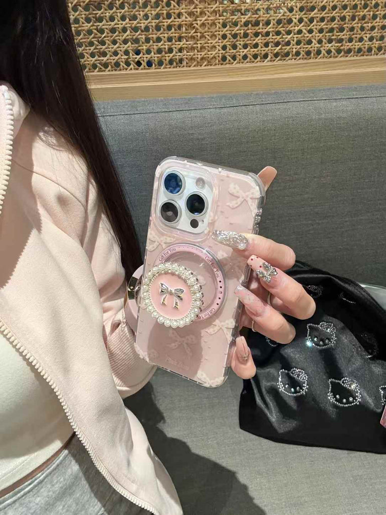 Bow Pattern Designer Case For iPhone With Luxury Beaded Magsafe Holder