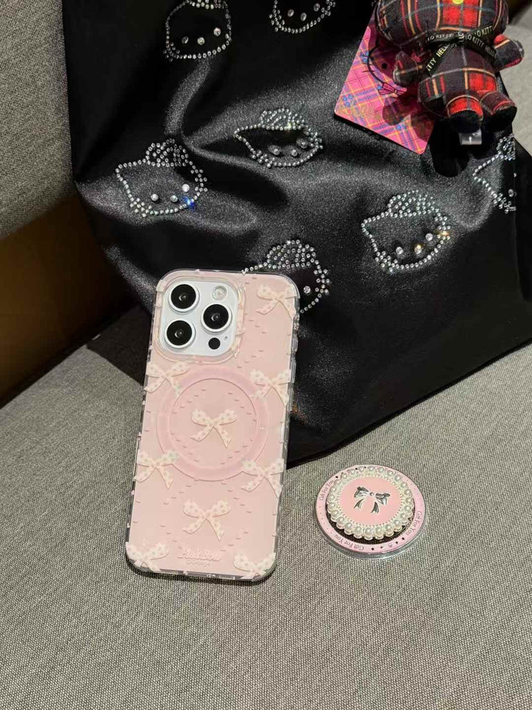 Bow Pattern Designer Case For iPhone With Luxury Beaded Magsafe Holder