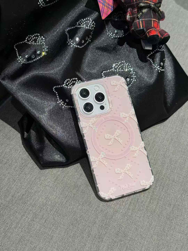 Bow Pattern Designer Case For iPhone With Luxury Beaded Magsafe Holder