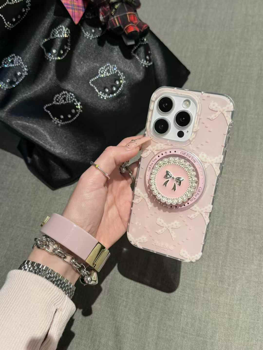 Bow Pattern Designer Case For iPhone With Luxury Beaded Magsafe Holder