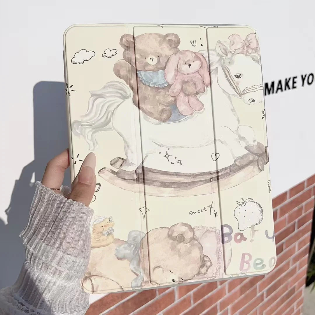 Cute Bear iPad Case Collection with Moon, Stars & Rocking Horse Design