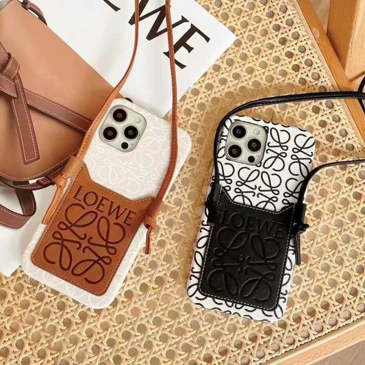 Luxury Branded Leather iPhone Case With String Holder