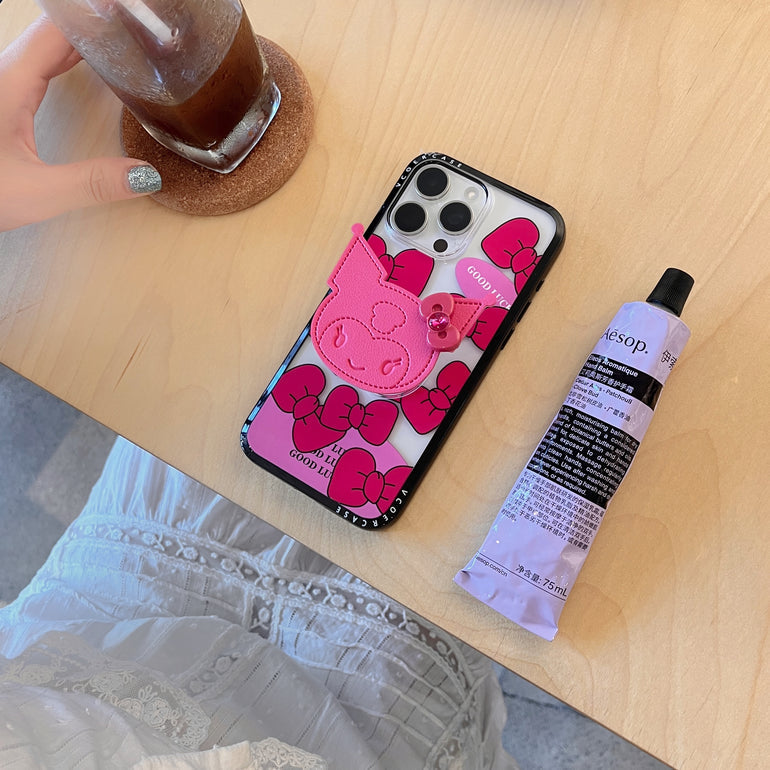 Pink Cartoon Charm iPhone Case – Good Luck Bow Design with 3D Cartoon Holder