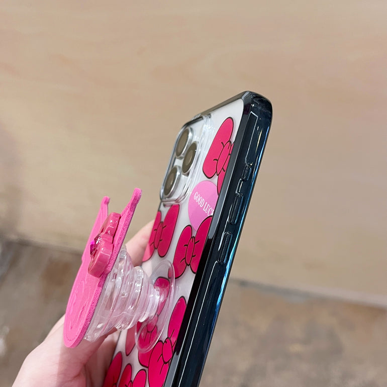 Pink Cartoon Charm iPhone Case – Good Luck Bow Design with 3D Cartoon Holder