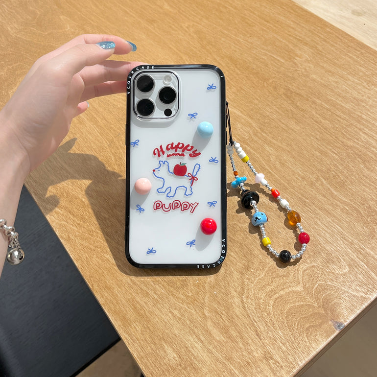 Happy Summer Puppy iPhone Case with 3D Candy Beads & Charm Strap