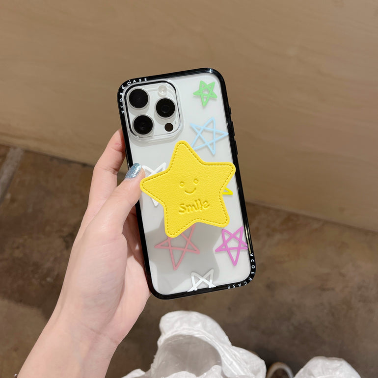 Smiley Star Grip iPhone Case – Cute Pastel Star Design with 3D Yellow Holder