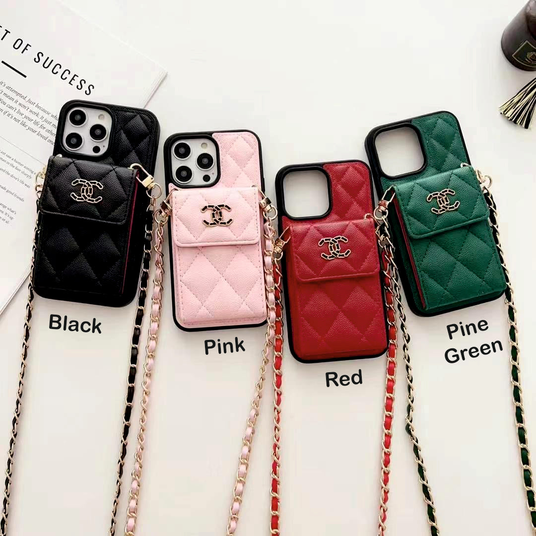 Luxury Branded Leather Quilt Wallet Case For iPhone With Sling red