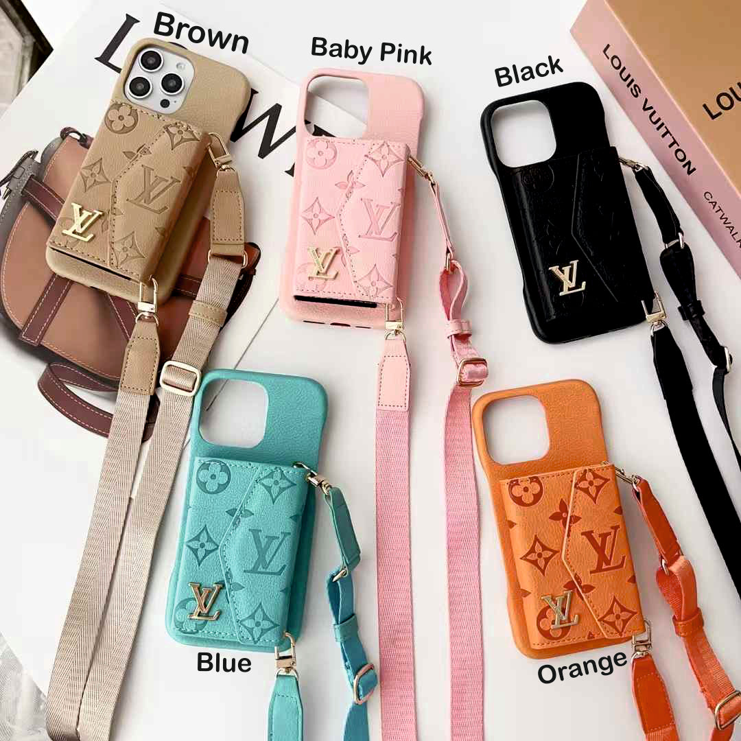 Luxury Branded Leather Wallet Case For iPhone With Sling