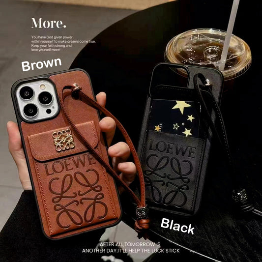 Luxury Branded Leather iPhone Case With String Holder