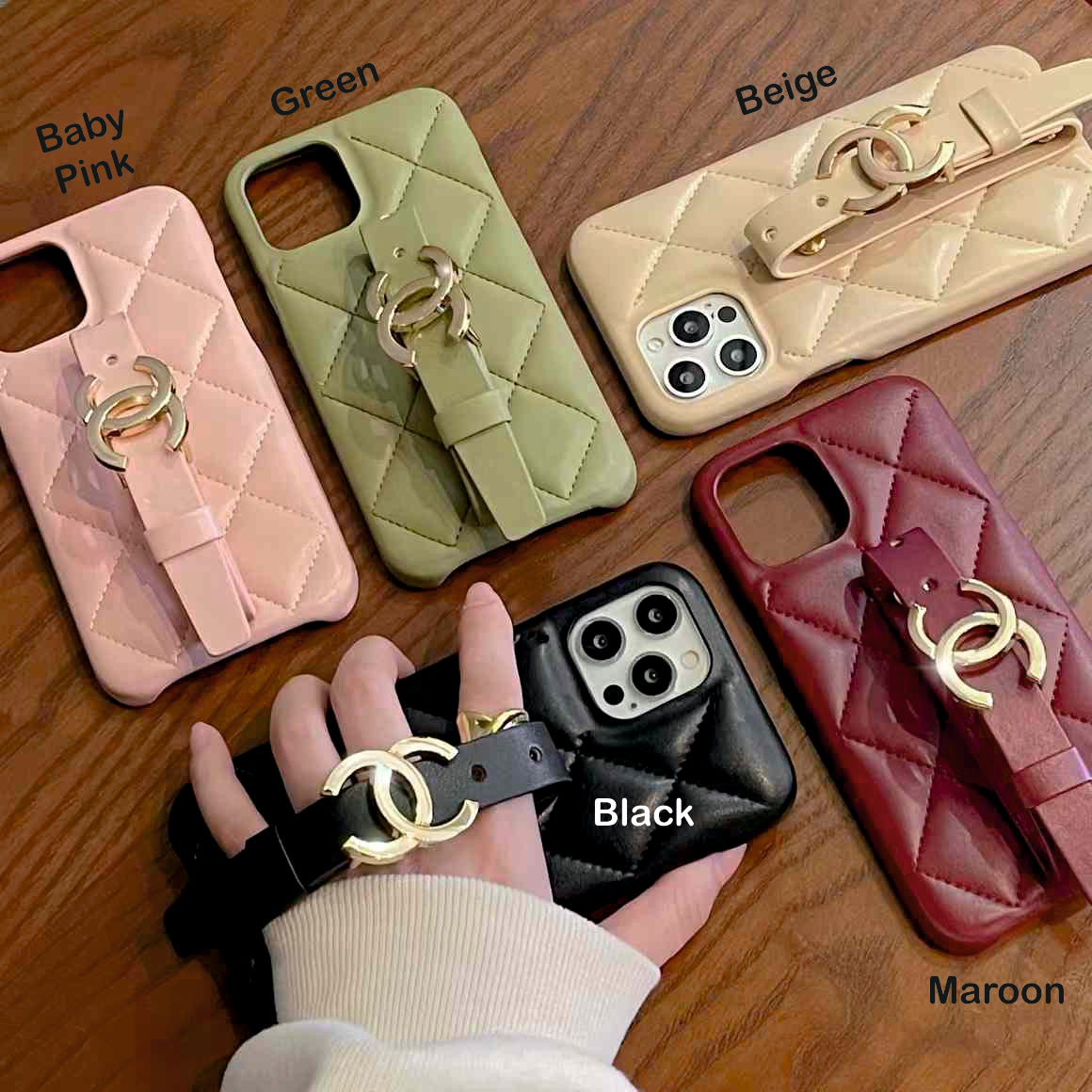 Quilted Leather Case for iPhone With Fluffy Holder ( Black )