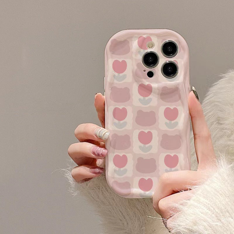 Pastel Bear & Tulip Grid Phone Case for   Iphone13/14/15/16/16E  (Basic, Pro, Pro-Max)