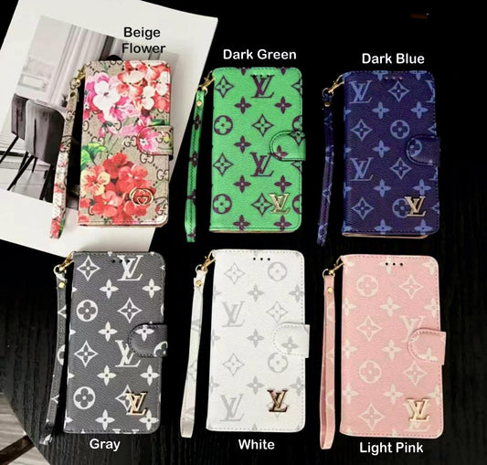Luxury Branded Leather Flip Case For iPhone With Hand Bracelet beige flower