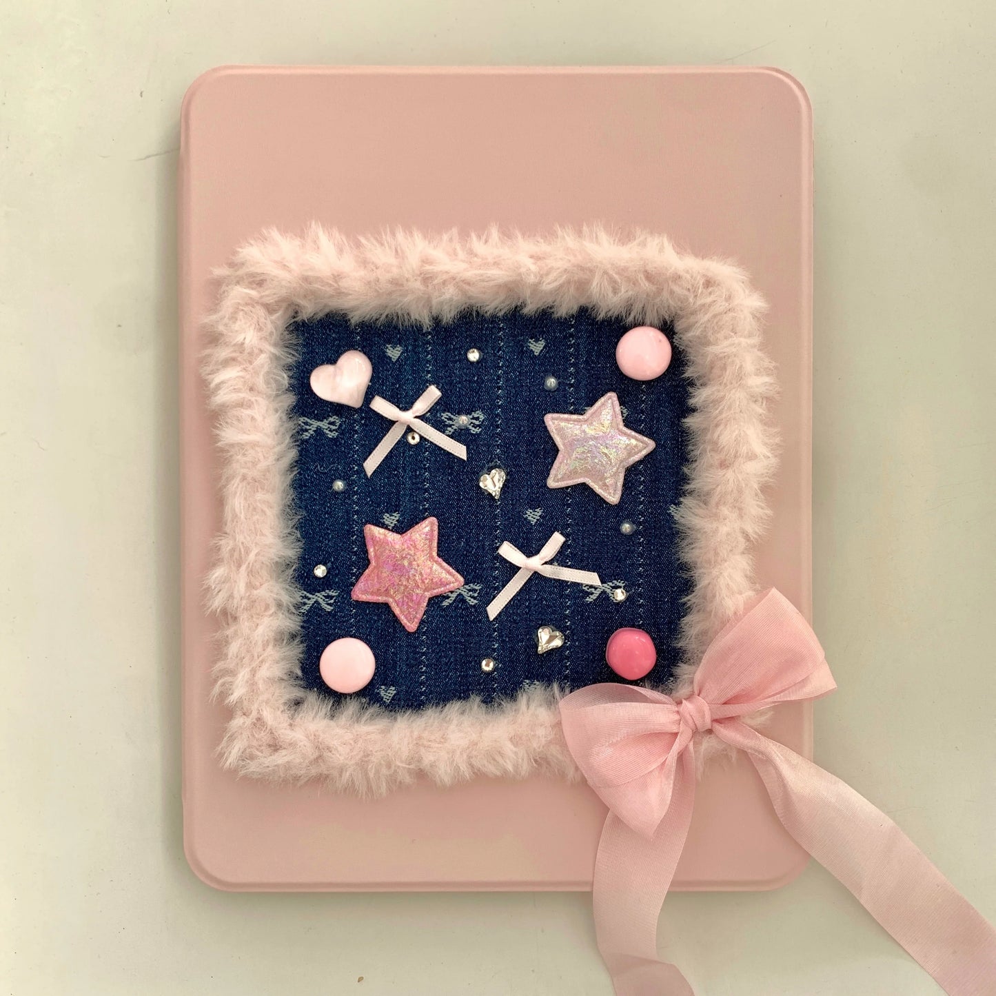 Pink Heart & Star Patchwork iPad Case with Stand – Cute Denim Bow Design For iPad