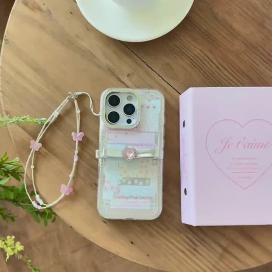 Elegant Bow iPhone Case with Crystal Heart & Butterfly Charm