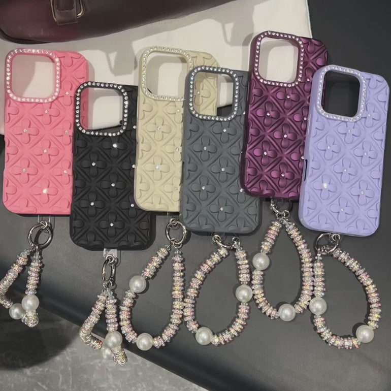 Luxury 3D Floral iPhone Cases with Pearl Bracelet Strap